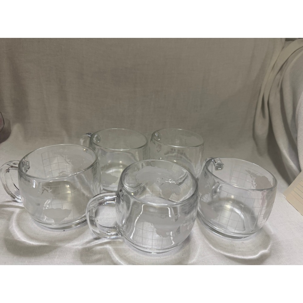 5 Vintage Nestle World Globe Etched Clear‎ Glass Coffee Mug Tea Cup 1970s  #220